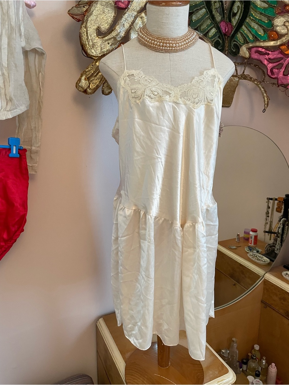 Cream Lace-Trim Satin Slip Dress with Spaghetti Straps